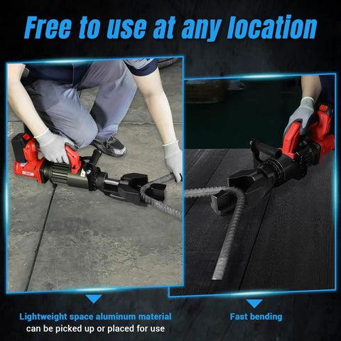 User demonstrating Loschen Cordless Electric Rebar Bender For DIY Pros bending #6 steel rebar on a flat surface.