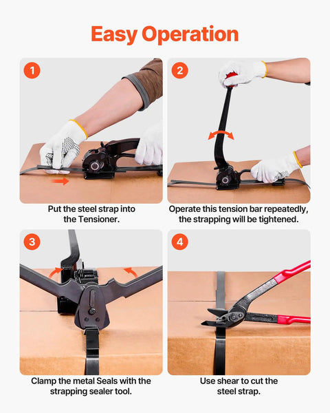 Steps to use Beefy Heavy Duty Steel Banding Strapping Kit With 600 Ft Binding Straps And 300 Metal Seals, Manual Sealer Tool shown