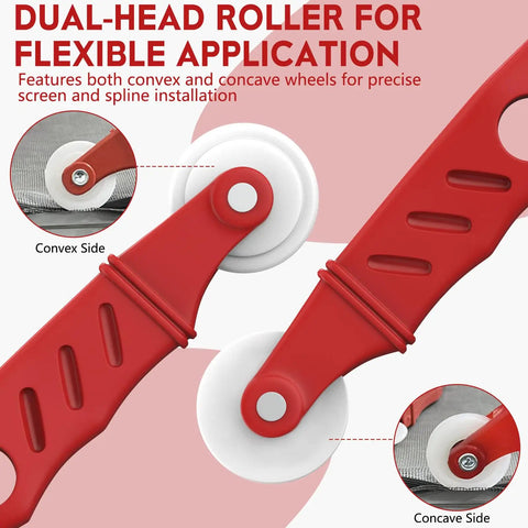 Close-up of Dual Head Window Screen Roller Tool Set with red handles showcasing convex and concave sides for screen installation.
