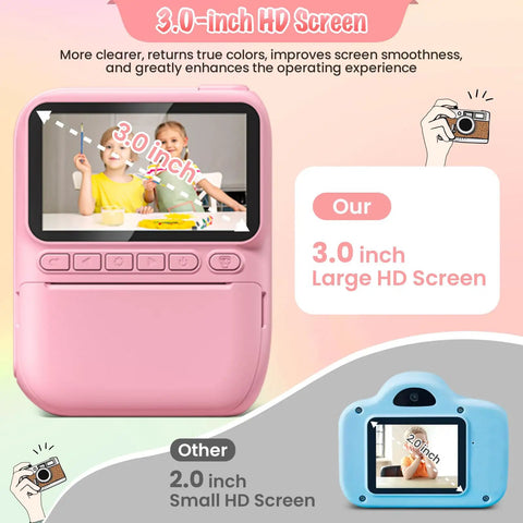 Instant Print Camera For Kids With Three Inch HD Screen 32MP Photos And 1080P Video Built In Flash Filters And Frames Time Lapse Burst Shot MP3 Music Player And Fun Modes For Creative Young Photographers, pink 3-inch screen
