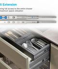12 Inch Soft Close Drawer Slides Set Of 6 Pairs, Full Extension Side Mount Cabinet Hardware For More Cabinet Space With Easy Install, Screws Included, 1.77 Inch Wide, 0.5 Inch Thick, Rear Brackets Not Included, shown extending a kitchen drawer