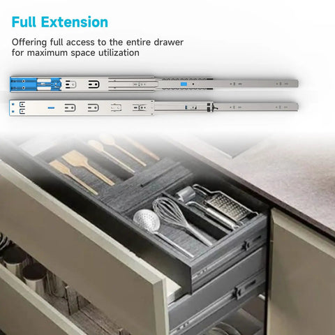 12 Inch Soft Close Drawer Slides Set Of 6 Pairs, Full Extension Side Mount Cabinet Hardware For More Cabinet Space With Easy Install, Screws Included, 1.77 Inch Wide, 0.5 Inch Thick, Rear Brackets Not Included, shown extending a kitchen drawer