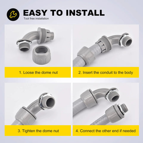 Installation guide for Heavy Duty 10 Pack 1 2 Inch Liquid Tight Connectors Npt Threads for Flexible Pvc Electrical Conduit.