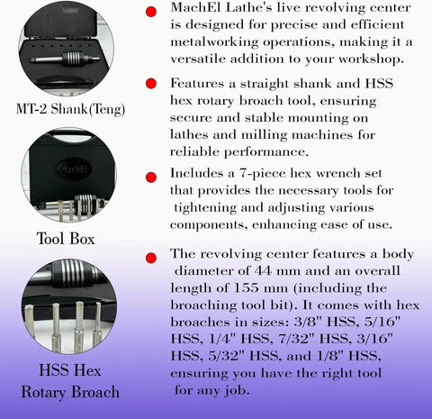 Pro Grade High Precision Live Revolving Center With MT-2 Shank Teng Style for Lathes, includes HSS Broach and Hex Tool
