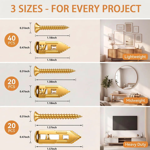 Beefy Heavy Duty Drywall Anchor Kit With Screws 81 Piece Self Drilling Metal Expansion Anchors In 3 Sizes For Sheetrock No Drill Wall Anchors For Shelf Mirror And TV Up To 100 Lbs, 3 sizes shown