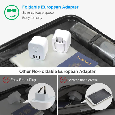 All In One Universal Travel Adapter With USB C And USB A Ports in suitcase with passport, showing compact foldable design