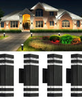 4 Pack 12 Inch LED Up And Down Wall Lights 14W 4000K Day White Outdoor Aluminum Waterproof IP65 Porch Patio Garden Garage Exterior Lighting Fixture Built Tough For House, black finish against house backdrop.