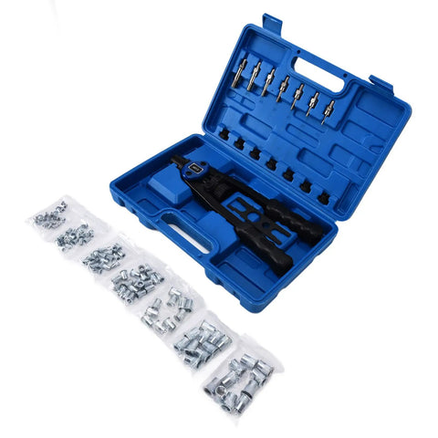 Awesome GFSGHZZ Hand Riveter Tool Set With Auto Locking Mechanism And 126 Piece Rivet Kit For M3 To M12 Fasteners Perfect For DIY Pros and Home Projects blue case with rivets