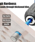 Diamond hole saw set, 10 pcs; close-up of blue diamond-coated tile hole saw attached to a drill