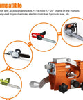 Portable Hand Crank Chainsaw Sharpener Kit With Jig For 8-22 Inch Chainsaws And Electric Saws, image showing four compatible chainsaws