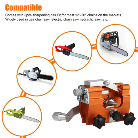 Portable Hand Crank Chainsaw Sharpener Kit With Jig For 8-22 Inch Chainsaws And Electric Saws, image showing four compatible chainsaws