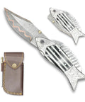 Fish Style Damascus Folding Knife With Ladder Pattern Blade Copper Finish Brass Engraved Handle And Leather Sheath