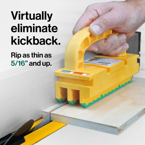 Ride Safe 3D Push Block With Grippy Grip Pad And Kickback Crusher for nail down tight cuts on table saw guiding wood piece.