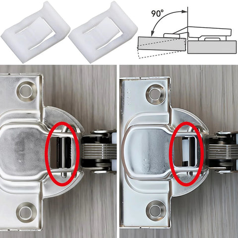 Close-up of 20 Pack 90 Degree Hinge Angle Limiter Clips for Concealed Cabinet Doors with metal hinge installed