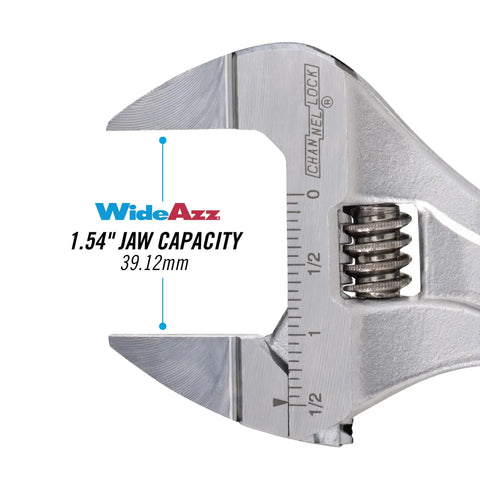 Close-up of Slim Jaw Adjustable Wrench 8 Inch With Extra Wide Mouth And Precise Grip For Tight Spots, 1.54-inch jaw capacity shown