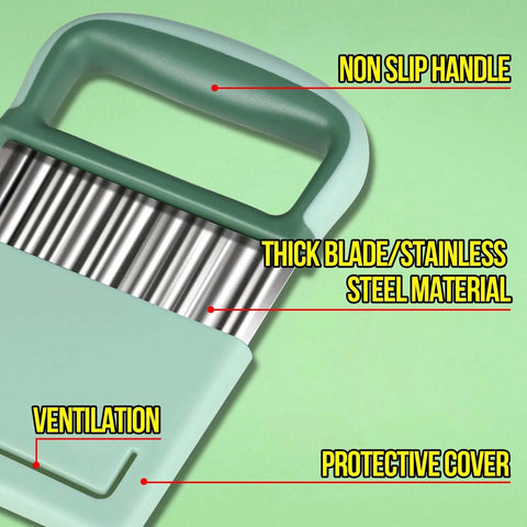 HNYYZL crinkle cutter with green plastic handle, stainless steel wavy blade, protective cover, 2-piece set