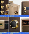 Detailed view of fireproof and waterproof password safe box with alarm system, showing digital keypad, steel bolts, and interior compartments.