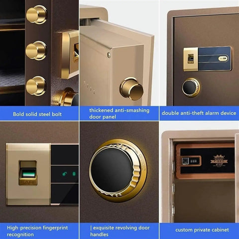 Detailed view of fireproof and waterproof password safe box with alarm system, showing digital keypad, steel bolts, and interior compartments.