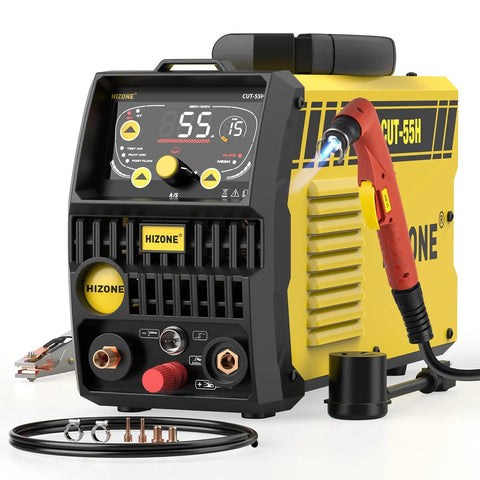 55 Amp Plasma Cutter With High Frequency Pilot Arc Non-Touch Start LCD Display showcasing controls and torch