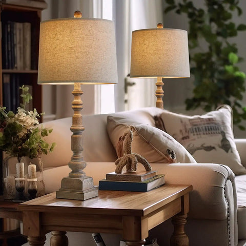 Vintage Farmhouse USB Table Lamps Set Of 2, 27.75 Inch Resin Bedside Nightstand Lamps With Dual USB Ports And Rotary Switch, Dope Vintage Vibe For Living Room And Bedroom Decor