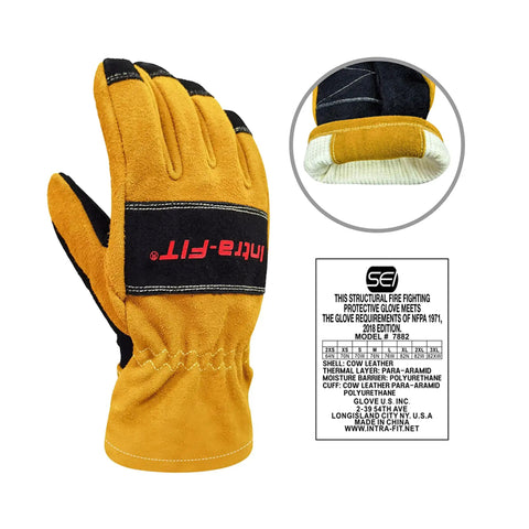 Yellow X Large Firefighter Glove With 3D Curved Design, Heat And Flame Resistant, Moisture Wicking, Unisex Protective Hand Gear, NFPA 1971 Certified For Tough Rescue Ops, Durable Comfort For All Day Wear shown with label and inner detail view
