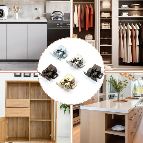 Heavy Duty Double Roller Cabinet Door Catches For Wardrobe And Cupboard Smooth Glide Metal Hardware installation with various finishes.