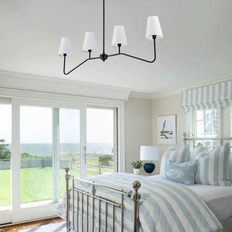 Classic Linear Linen Pendant Light With Off White Fabric Shade 4 Light Sleek Modern Kitchen Island Chandelier in bedroom