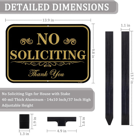 Heavy Duty No Soliciting Yard Sign With 37 Inch Adjustable Stake For Home And Biz 14 By 10 Inch Aluminum Sign dimensions