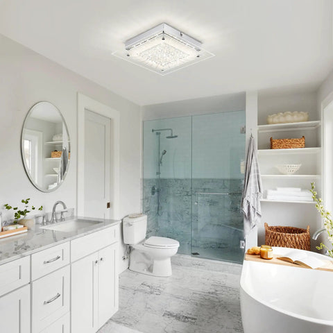 Installed 26 Inch LED Crystal Flush Mount Ceiling Light Fixture, Dimmable 4000K, in modern white bathroom.