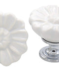 Top Shelf Vintage Floral Daisy Ceramic Drawer Pulls And Cabinet Knob Sets Include Matching Screws Hella Charming White Finish For Dressers Cupboards And Kitchen Cabinets Straight Upgrade Your Home Decor Game. White ceramic daisy knobs with chrome bases.