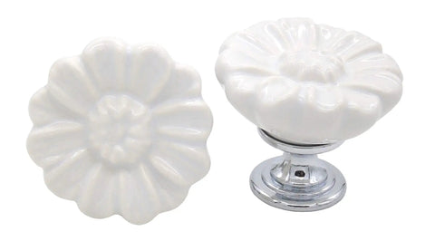 Top Shelf Vintage Floral Daisy Ceramic Drawer Pulls And Cabinet Knob Sets Include Matching Screws Hella Charming White Finish For Dressers Cupboards And Kitchen Cabinets Straight Upgrade Your Home Decor Game. White ceramic daisy knobs with chrome bases.