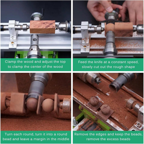 AOXHUGB Mini Metal Lathe Machine 1200W High Power Polisher Grinder Tool For Precision Drilling And Shaping Compact Design showcasing wood clamping and shaping process.