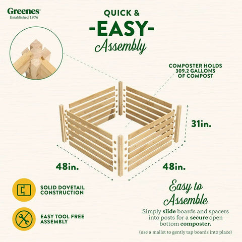 Premium Cedar Wood Compost Bin, 36 X 36 X 31 Inches, expandable design, easy mallet assembly, great drainage system