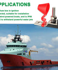 Marine Rated Battery Fuse Block For 30 To 300 Amp Fuses, MRBF Terminal Fuse Holder Kit With Red Cap, Washer, Lock Washer, And M8 Nut For Reliable Marine Power Distribution And Electrical Safety. IP66 fuse block with red cap on boat