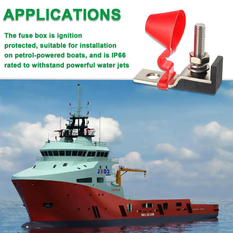Marine Rated Battery Fuse Block For 30 To 300 Amp Fuses, MRBF Terminal Fuse Holder Kit With Red Cap, Washer, Lock Washer, And M8 Nut For Reliable Marine Power Distribution And Electrical Safety. IP66 fuse block with red cap on boat