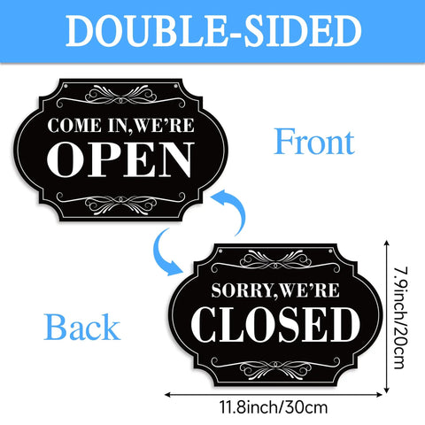 Waterproof Double Sided Open Or Closed Sign For Business with rope hanging 11.8 by 7.9 inches, front and back view.