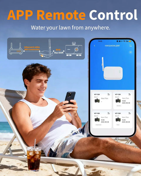 Man using phone to control 4 Zone WiFi Garden Hose Timer With Brass Inlet Ethernet And Two Point Four GHz WiFi Connection