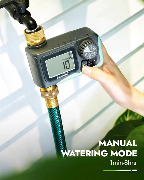 Brass Inlet And Outlet Sprinkler Timer With Rain Delay Programmable Hose Timer attached to hose displaying manual mode