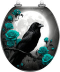 Round Decorative Toilet Seat for Bathroom featuring a crow and teal roses against a full moon background.