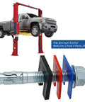 60-Piece Auto Lift Leveling Shim Kit For 2-Post And 4-Post Lifts shown with truck on red lift, shims visible