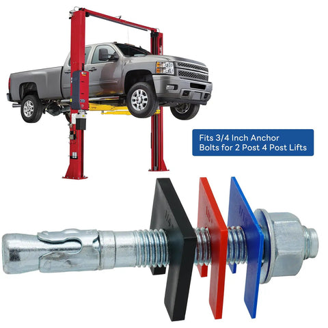 60-Piece Auto Lift Leveling Shim Kit For 2-Post And 4-Post Lifts shown with truck on red lift, shims visible