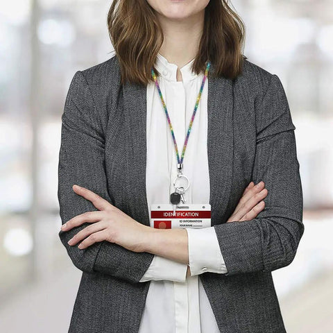 Woman wearing Rainbow Crystal Lanyard For ID Card Holder 34.8 Inch All Around Bling Necklace Strap With Silicone Diamond Badge Reel For Women
