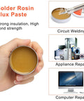 Hand holding Rosin Flux Paste from All In One Soldering Kit With Tip Cleaner, Rosin Flux Paste 0.35 Oz, Tin Lead Rosin Core Solder Wire 1.76 Oz, 3 Replacement Brass Pads, 6 Piece Solder Iron Welding Tool Set For Electronics DIY Projects