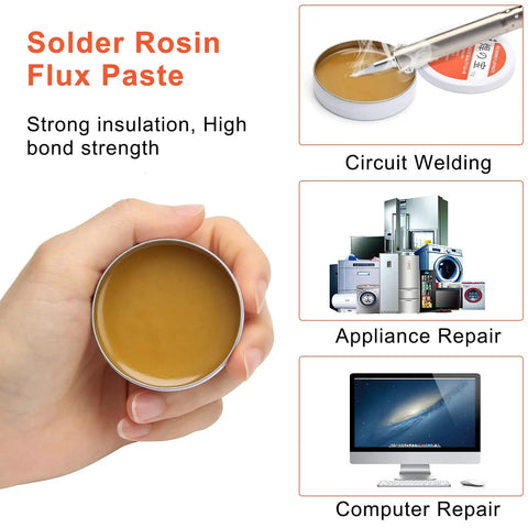 Hand holding Rosin Flux Paste from All In One Soldering Kit With Tip Cleaner, Rosin Flux Paste 0.35 Oz, Tin Lead Rosin Core Solder Wire 1.76 Oz, 3 Replacement Brass Pads, 6 Piece Solder Iron Welding Tool Set For Electronics DIY Projects