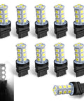 Lit 10 Pack 3156 3157 LED Tail Lights With 18 SMD Chips 6500K White DC12V showing 10 bulbs with 360 degree lighting