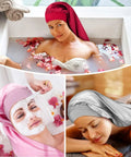 Women wearing Extra Large Satin Sleep Cap For Long Hair And Braids Silk Bonnet for Overnight Protection No Slip Fit in spa setting.
