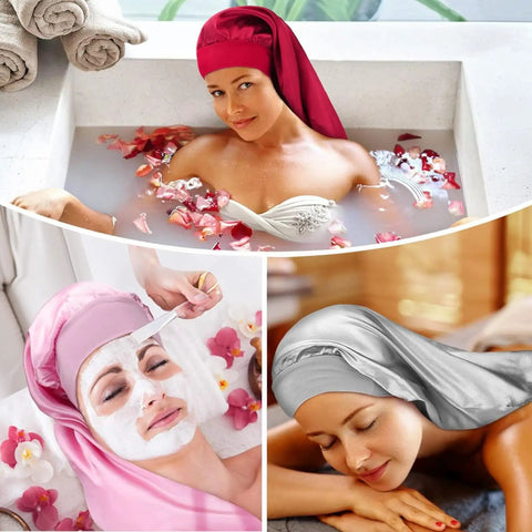 Women wearing Extra Large Satin Sleep Cap For Long Hair And Braids Silk Bonnet for Overnight Protection No Slip Fit in spa setting.