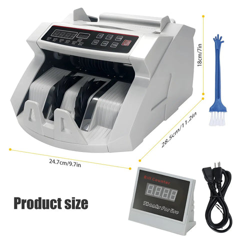 Money Counter With Value Count And UV MG IR Counterfeit Detection, Add And Batch Modes, LCD Display, size and accessories shown