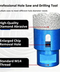 Complete 12 Pc M14 Diamond Core Drill Bit Set For Tile And Marble Plus Granite And Concrete With Angle Grinder Adaptors And Aluminum Case To Get The Job Done Right. Blue diamond core drill bit with M14 thread for tile, granite, and concrete