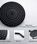 Matte Black High Pressure Shower System With 9 Inch Round Shower Head And 3 Handle Wall Mounted Faucet, Rough-In Valve Included